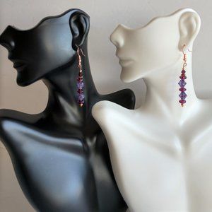 Purple Beaded Earrings On Copper Plated Brass Fishhooks Handmade 2.25 inches